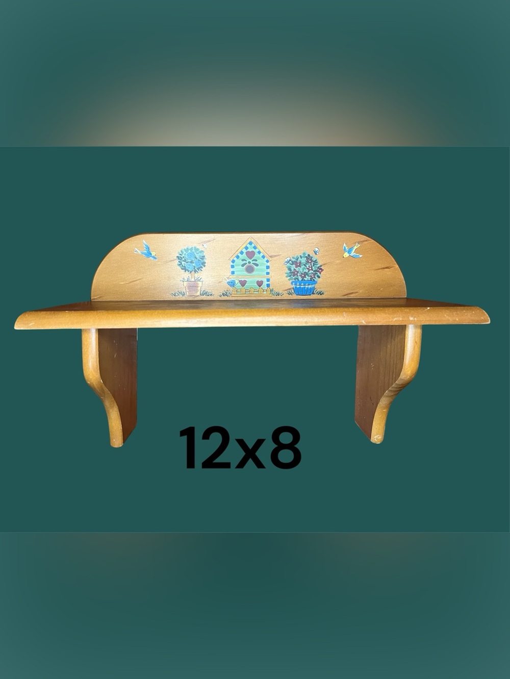 Hand-Painted Wooden Wall Shelf in Honey Brown with Blue birds birdhouse